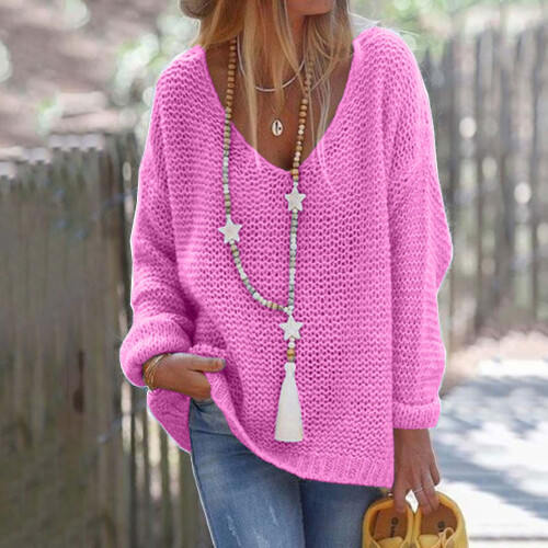 Damen-Winterstrickpullover mit V-Ausschnitt, einfarbig, lockere Passform 1