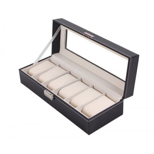 Watch Box for 6 Watches - Black with White Stitching 1