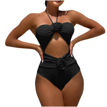 Damesbikini in effen kleur met trekkoord en roze accenten