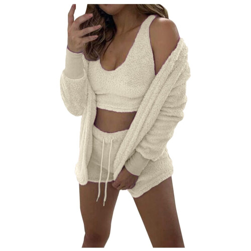 QLEICOM Dames Pluche 3-delige Loungewear Set Wit S 2