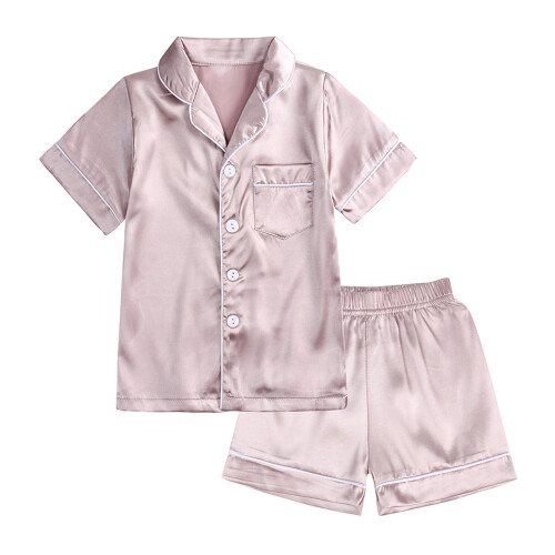 Ensemble pyjama enfant 2 pièces marron à manches courtes et imprimé uni 1