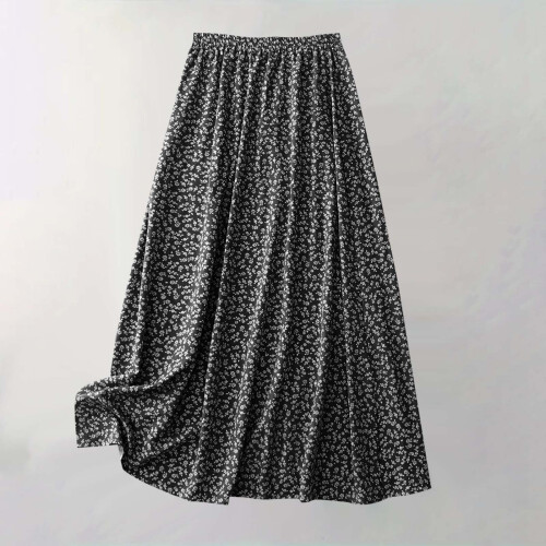 Gonna lunga nera da donna con stampa floreale e spacco frontale 1