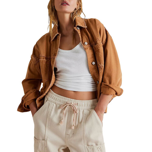 Damesjasje van gewassen denim, cropped model, bruin, maat M 1