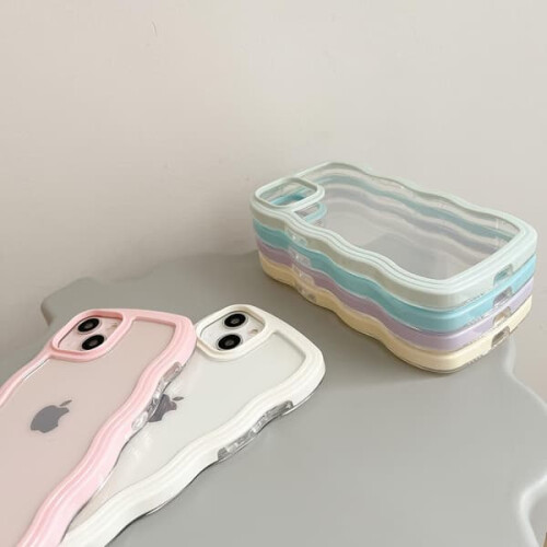 Capa transparente com moldura ondulada e fofa, feita de silicone macio e transparente, compatível com iPhone 15 Pro Max - Rosa 2