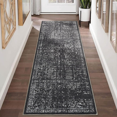 Hallway Runner Rug Black 2 ft x 6 ft Non-Slip Washable