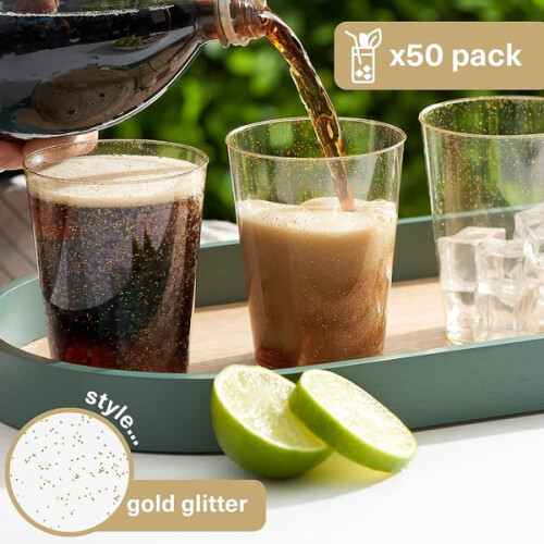 Plastic Glasses with Gold Glitter 285ml 50 pcs 2