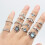 Boho silver rings with blue rhinestones heart elephant 13 2