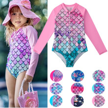 Girls' long sleeve zip-up rash guard swimsuit 2-12 years