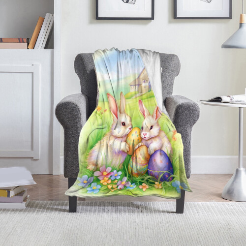 Flannel Sofa Blanket Mint Green Bunny Eggs Pattern 100x70cm 1