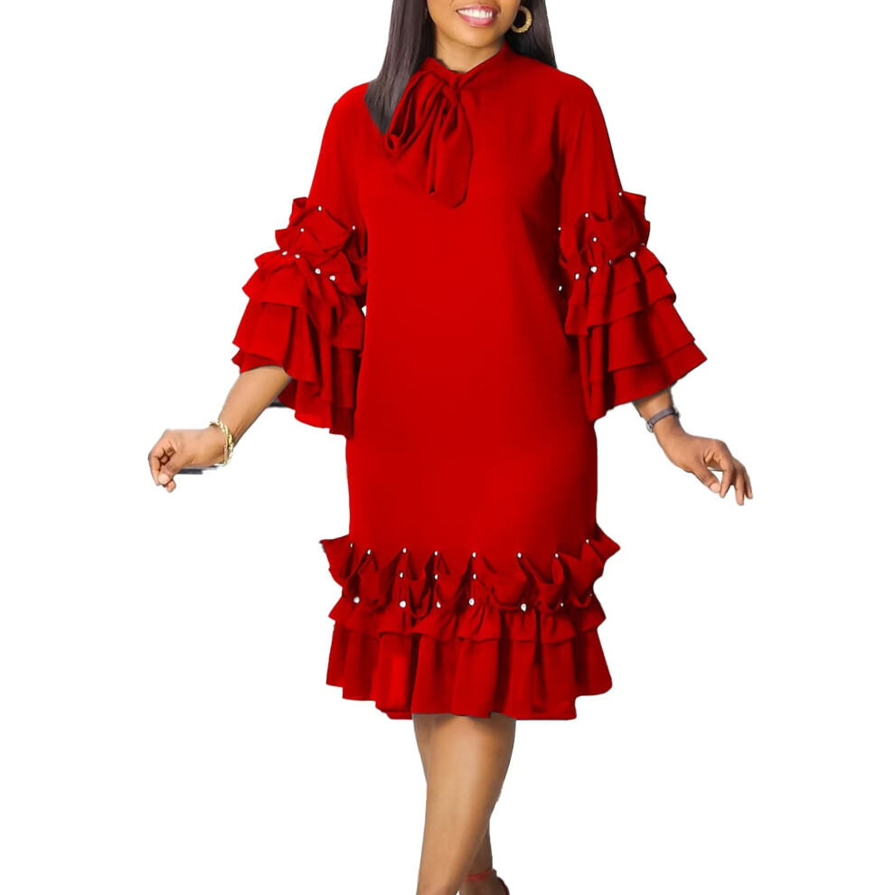 Women's Vintage Tiered Ruffle A-Line Midi Dress 9130661326339