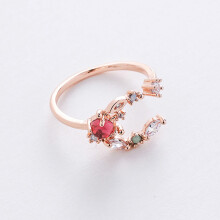 Women's Adjustable Floral Ring with Pink and Red Stones