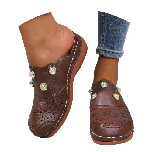 Pantofole da donna marroni con punta aperta e zeppa, taglia 8 2