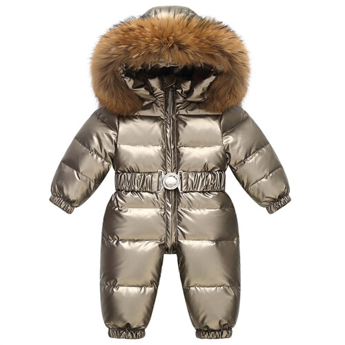 Barne vinterhette puffer snødress gullfarget