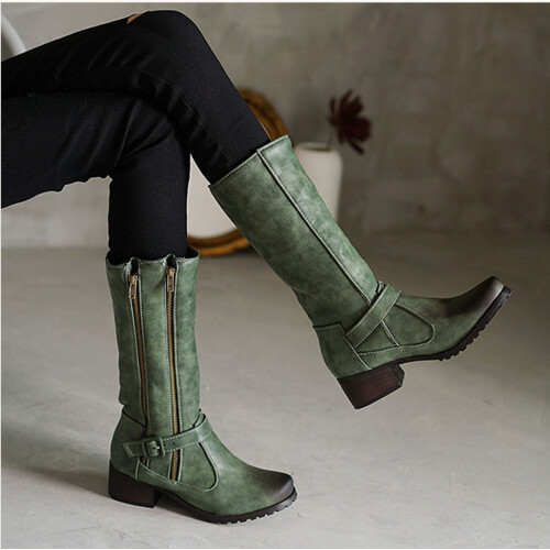Botas femininas de camurça com cano largo e salto baixo, tamanho 10. 1