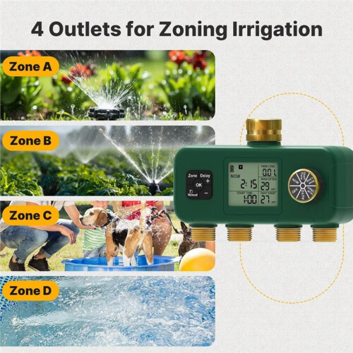 4Way Automatic Water Timer Brass Inlet Outlet Rotary 3/4"LCD Display Screen IP55 Waterproof Child Lock 2