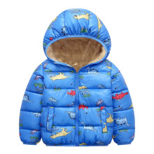 Winterjas voor babyjongens met dinosaurusprint en capuchon, warm en blauw.
