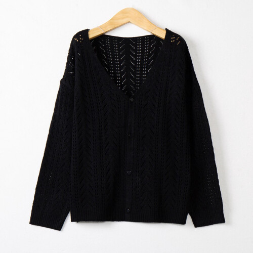 Damen-Strickjacke mit Blumenmuster, lang, schwarz, S-XXL 1