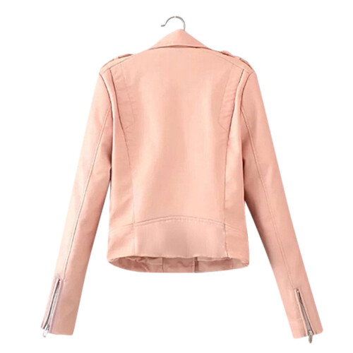 Damen-Lederjacke, lässig, einfarbig, pink, kurz, lang 2