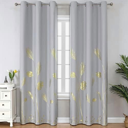 Light Grey Blackout Curtains with Gold Palm Design Thermal