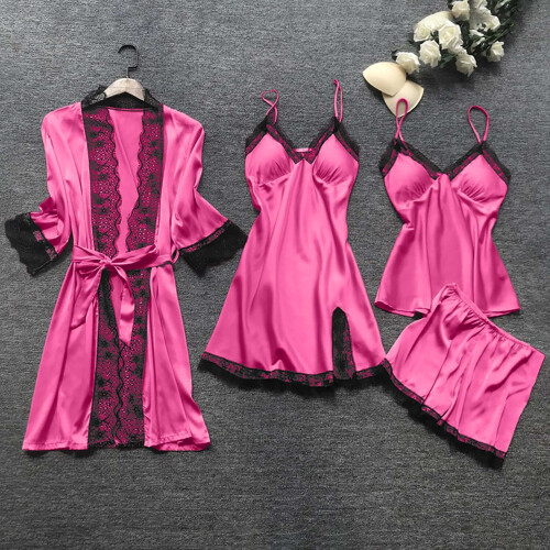 Women's Silk Pajama Set Vintage Solid 4-Piece 1