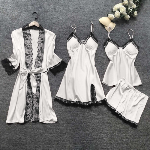 Women's Silk Pajama Set Vintage Solid 4-Piece 1