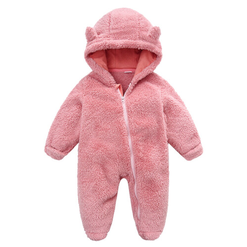 Plüsch-Einteiler, warm, einfarbig, Kapuzen-Overall mit Reißverschluss, Rosa, Größe 0-3