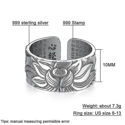Silver Lotus Ring with Heart Sutra Adjustable 2