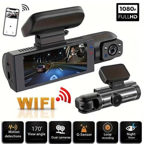 Câmera Veicular Dupla 1080P com Wi-Fi, Frontal e Interna, com Visão Noturna Infravermelha e Gravação em Loop. 1