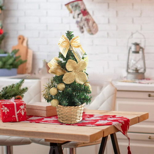 Mini gold Christmas tree 8.2 inches with bow 2