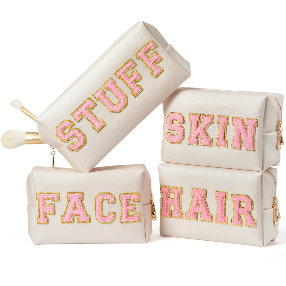 Preppy Varsity Letter Makeup Bag Pink Chenille PU Leather 4