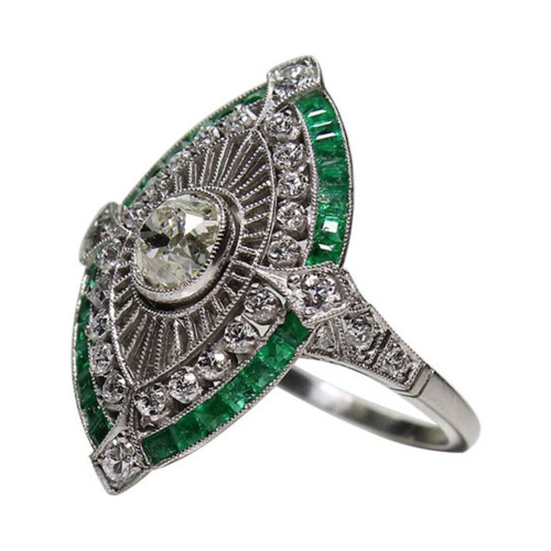 Sterling Silver Art Deco Emerald Ring Size 9 1