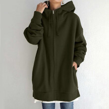 Damen-Kapuzenpullover mit Reißverschluss und Taschen in Armeegrün, Übergröße