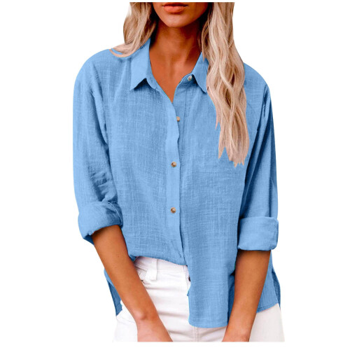 Women's Solid Button-Down Long Sleeve Dress Shirt Blue XXXXL 1
