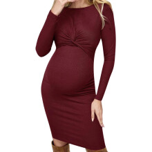 Knitted Maternity Dress Long Sleeve Round Neck Bodycon Red