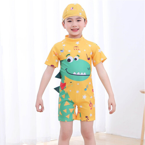 Costume da bagno per bambini e bambine, con stampa gialla e maniche corte 1