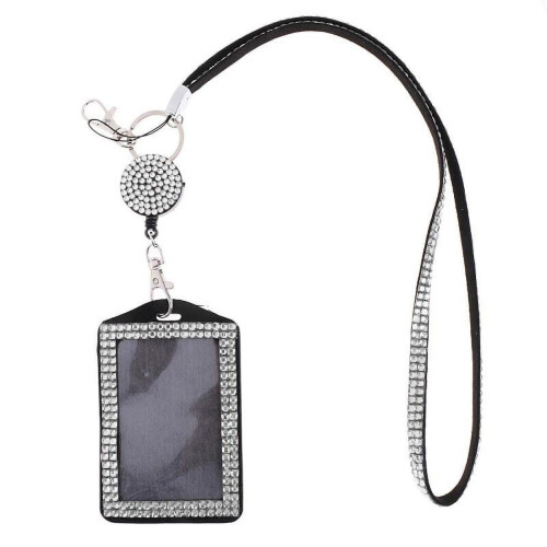 Porte-badge en cuir noir orné de strass 1