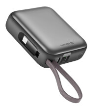10 000 mAh 35 W powerbanka s káblami USB-C, kompaktný LCD displej, tenká prenosná batéria, strieborná
