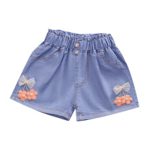 Pantaloni scurți din denim pentru fete, talie înaltă, cu croi larg și fundă florală