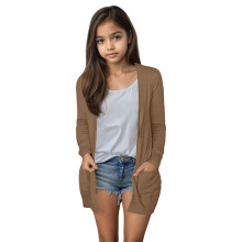Girls' Open-Front Solid Cardigan with Pockets, Size 5Y-6Y