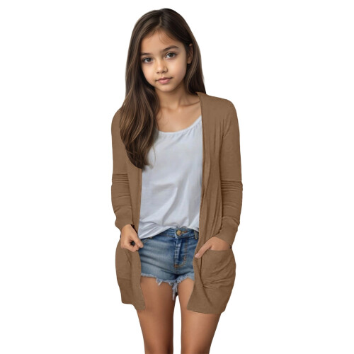 Girls' Open-Front Solid Cardigan with Pockets, Size 5Y-6Y
