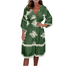 Vestido midi plisado de manga tres cuartos con escote en V profundo para mujer