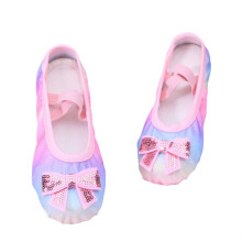 Zapatillas de ballet para niñas de piel con lentejuelas, lazo y acabado degradado suave.