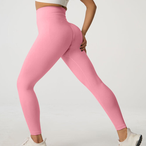 Dames yogabroek effen roze hoge taille sneldrogend elastisch 1