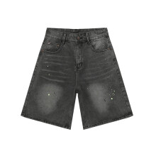 Men's retro high-waist baggy denim shorts grey