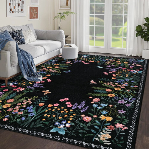 Washable Floral Botanical Area Rug 6'x9' Black