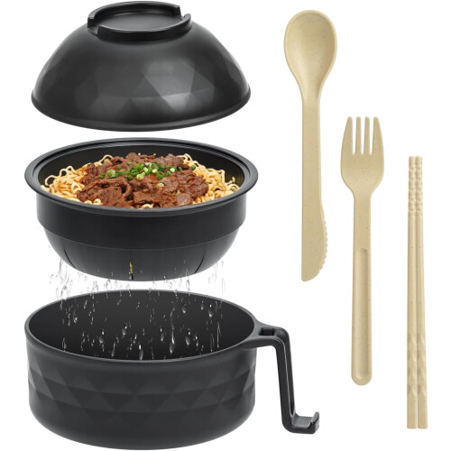 Microwave Ramen Bowl Set Black 40 oz with Lid Handle Spoon