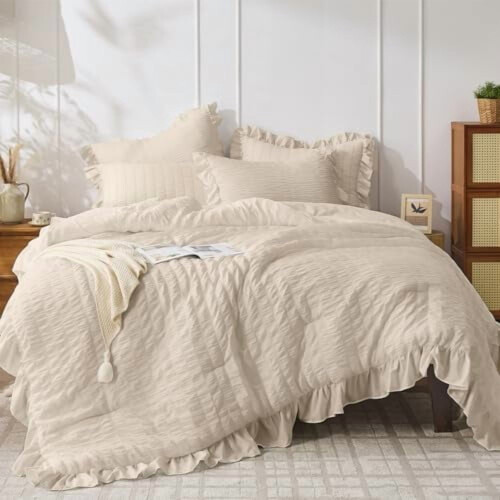 Beige King Comforter Set Seersucker 3-Piece