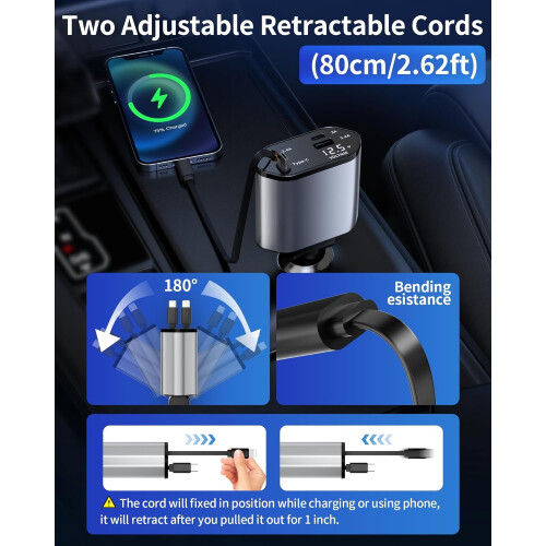 Biloplader 4-i-1 Udtrækkelig USB-C USB-A 1