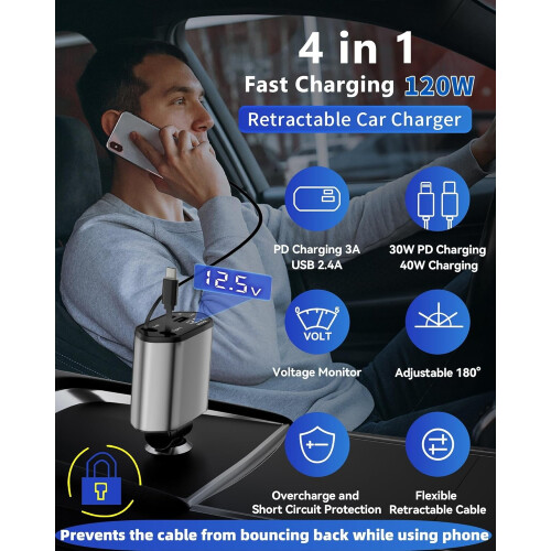 Biloplader 4-i-1 Udtrækkelig USB-C USB-A 2