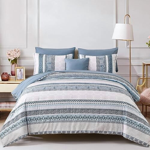 Boho Comforter Set Queen Light Blue 8-Piece Paisley Floral